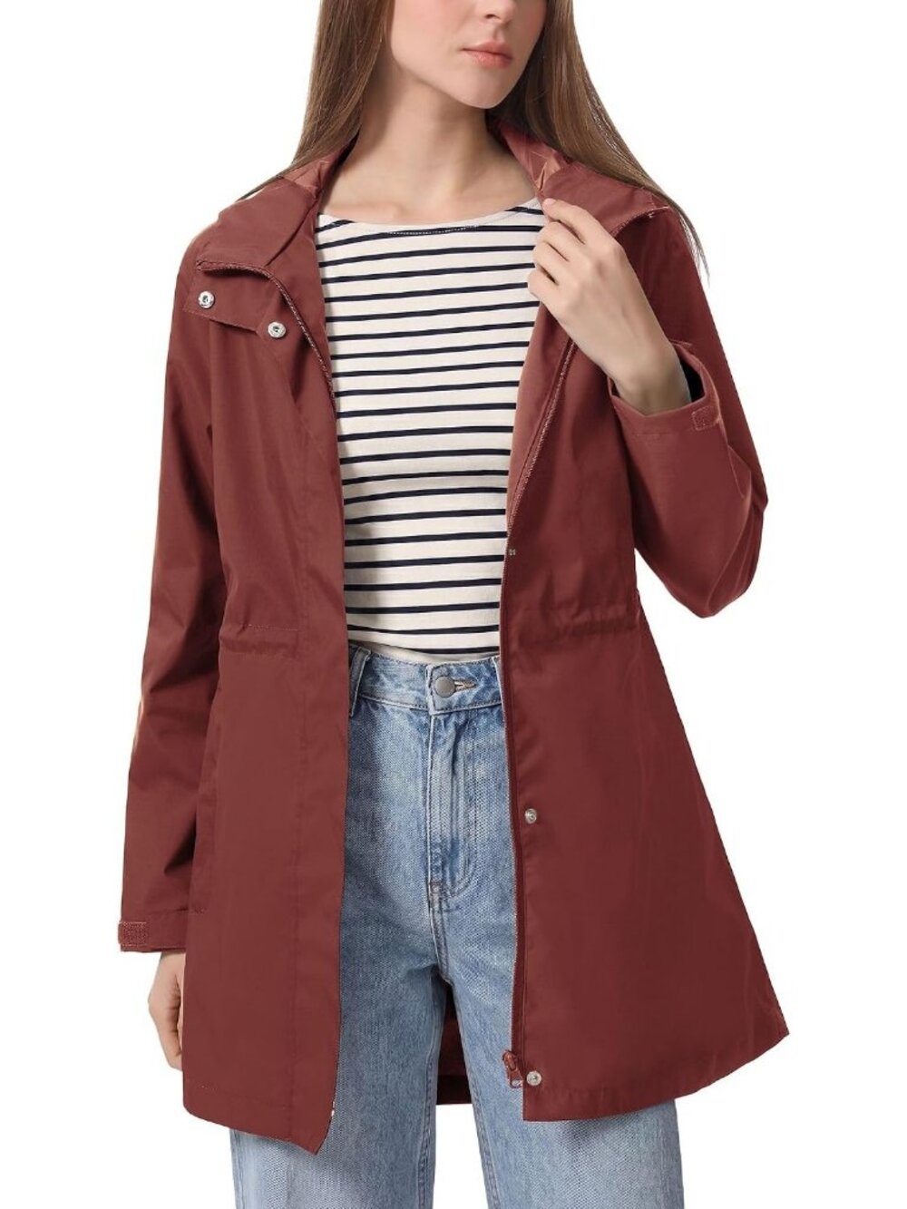 Women's Wine Red Rain Jacket Waterproof Hooded Long Raincoat Zipper Pockets